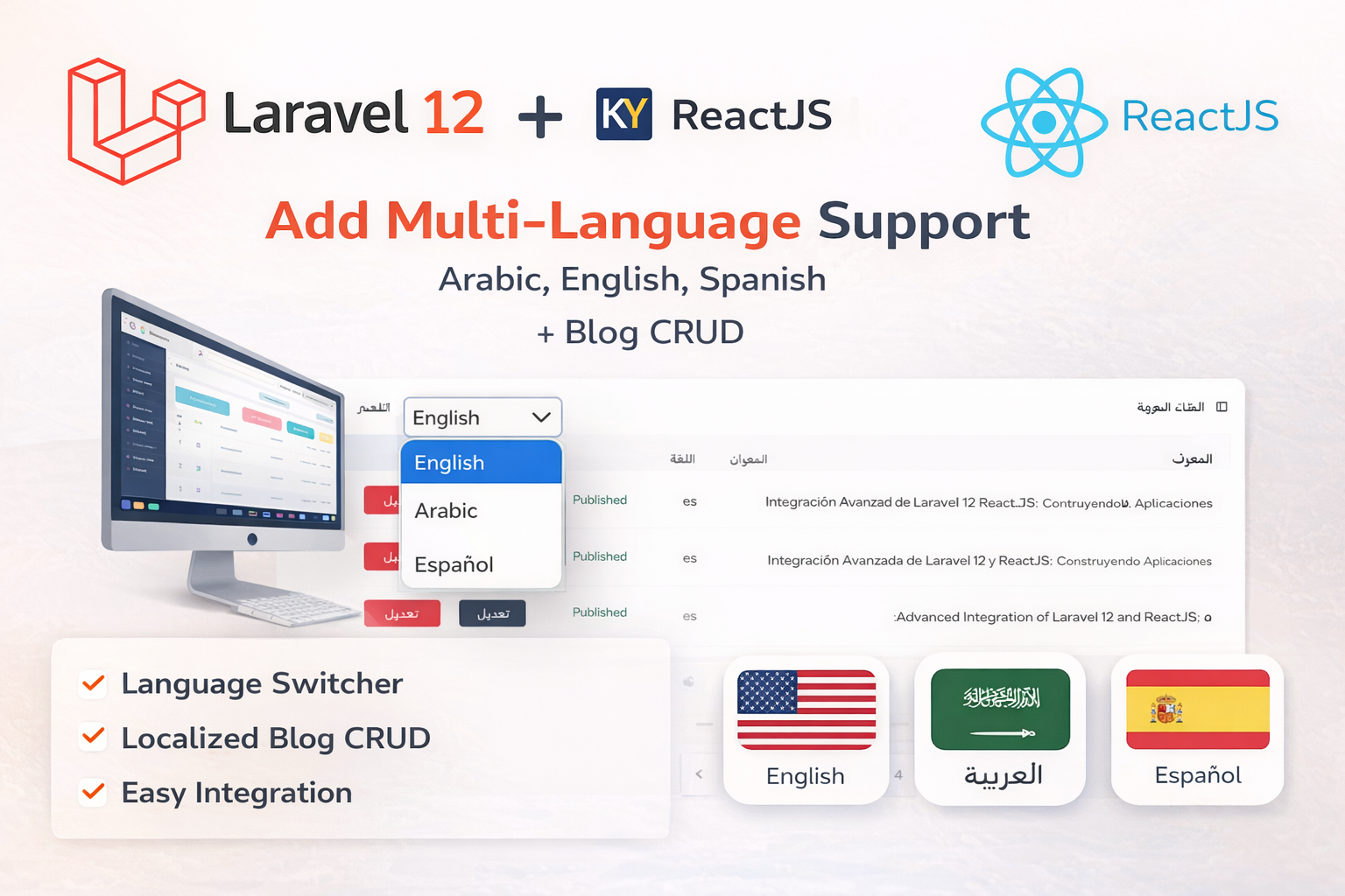 Laravel 12 + ReactJS Starter Kit: Add Multi-Language Support (Arabic, English, Spanish) with Blog CRUD